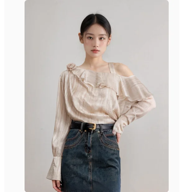 Korean Sle Design Sense Shirts Women clothes 2024 Autumn New off-the-Shoulder Oblique Collar Loose Temperament Shirts...