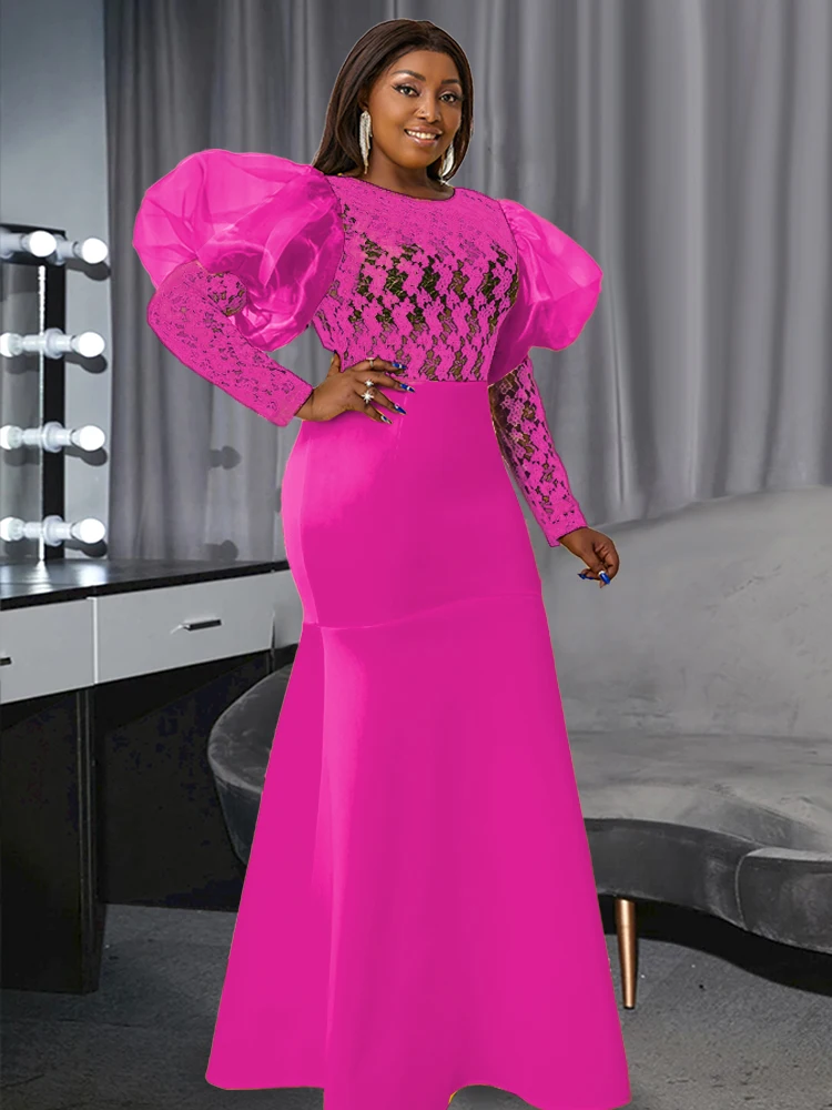 

AOMEI 4XL Women Party Long Dress Mermaid Trumpet Rose Long Lace Puff Sleeves See Through Transparent Sexy Female Event Gown Prom