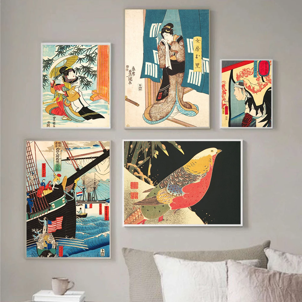

Vintage Abstract Poster Geisha Japanese Canvas Painting Nordic Art Print Golden Pheasant Wall Picture For Living Room Home Decor