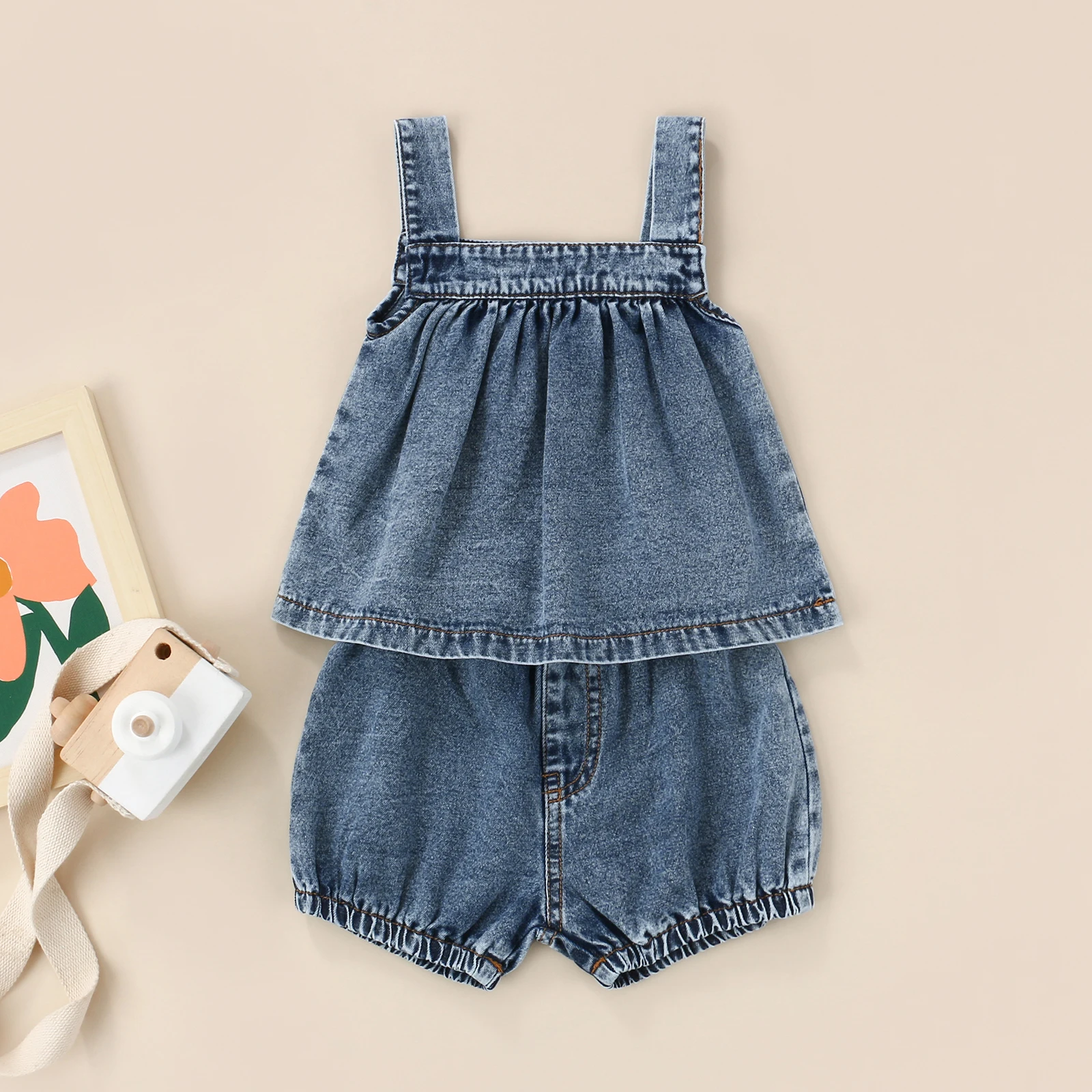 

Citgeett Summer Kids Girls Clothes Denim Solid Color Square Collar Camisole and Short Pants Set