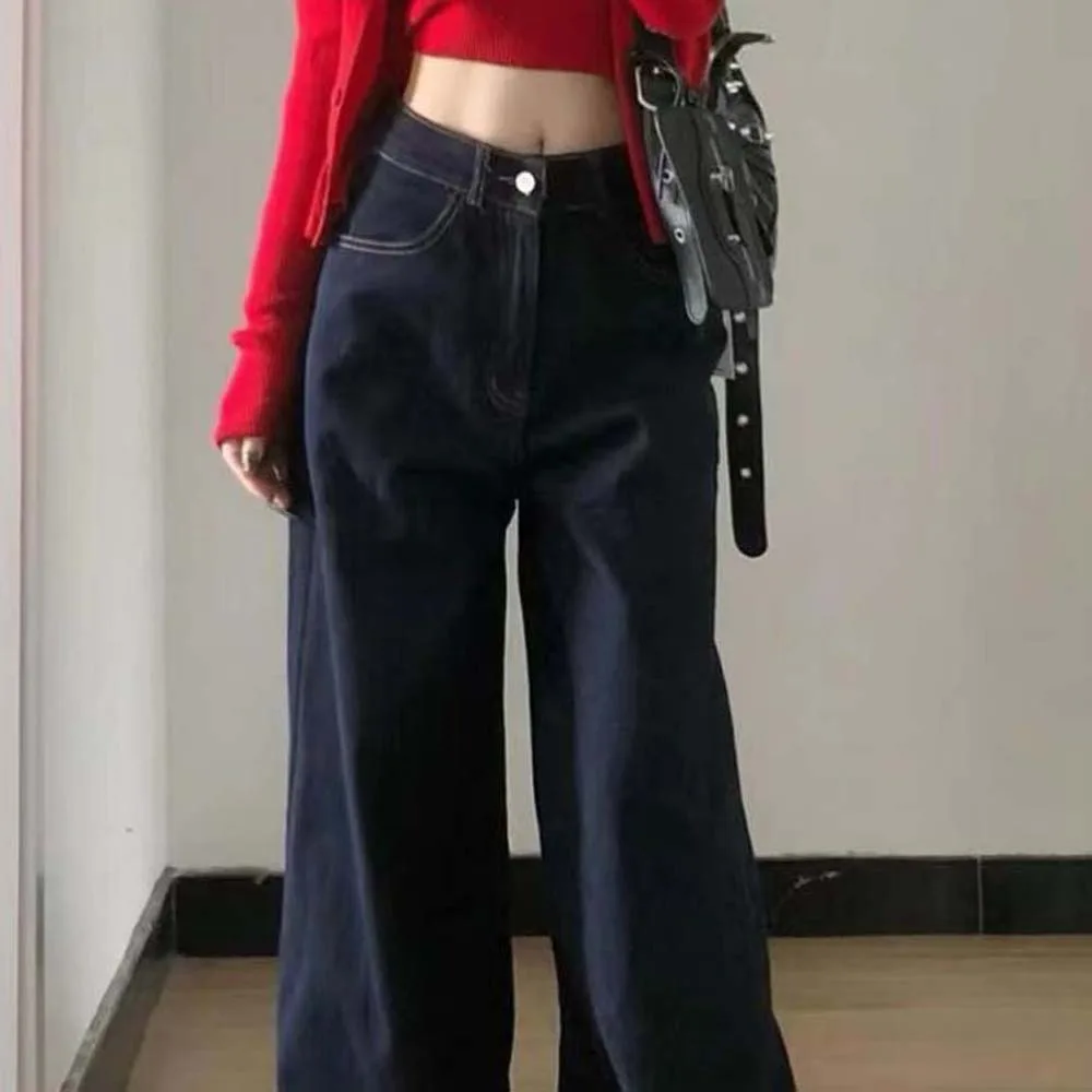 Крутая девушка Свободные темно-синие широкие джинсы Уличная одежда Корейские