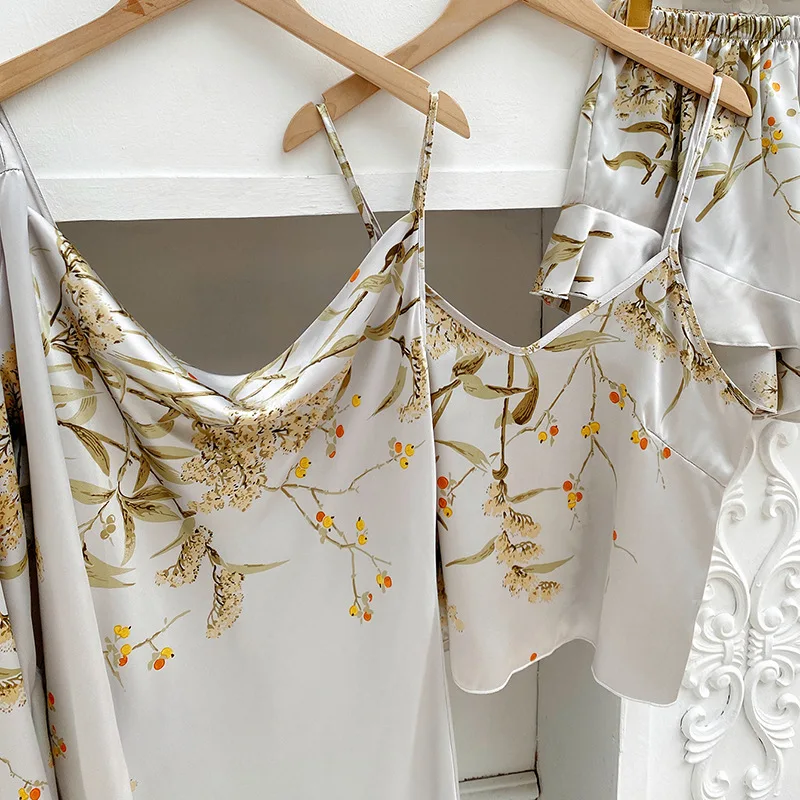 Cherry Floral Printed Five-piece Set Woman Home Clothe Pajamas for Women Robe + Top + Dress + Shorts + Bag Sleepwear Women Sets