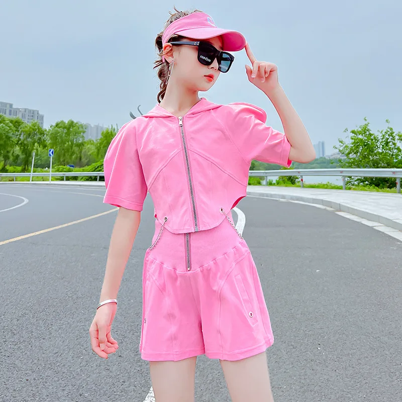 

Girls Summer Clothing Sets Children Sports Suit Cotton Hooded Short Sleeve T-Shirt+Pants 2Pcs Girl Clothes 4 6 8 10 12 14 Years