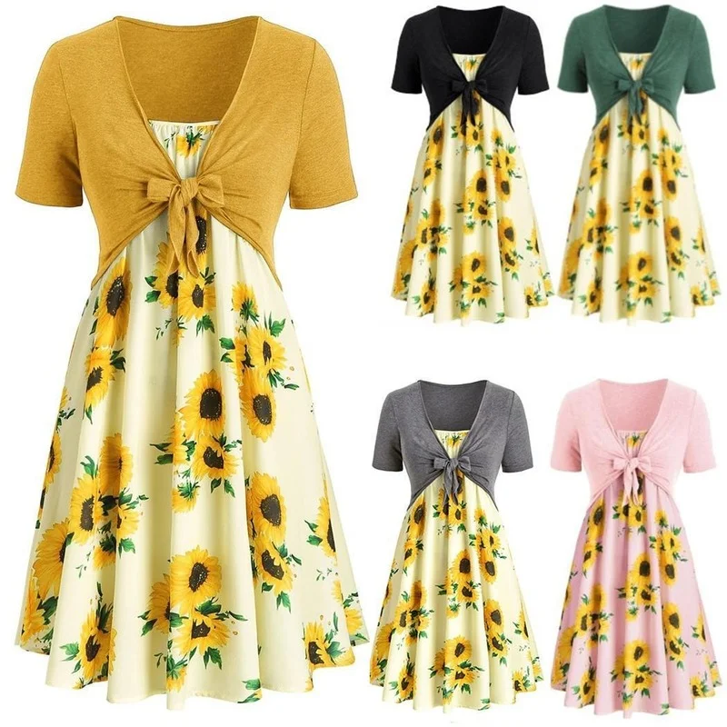 

Summer Women Sunflower Mini Dresses Vintage Short Sleeve Bandage Two Piece Dress Suit Female Casual Sundress Vestidos Plus Size