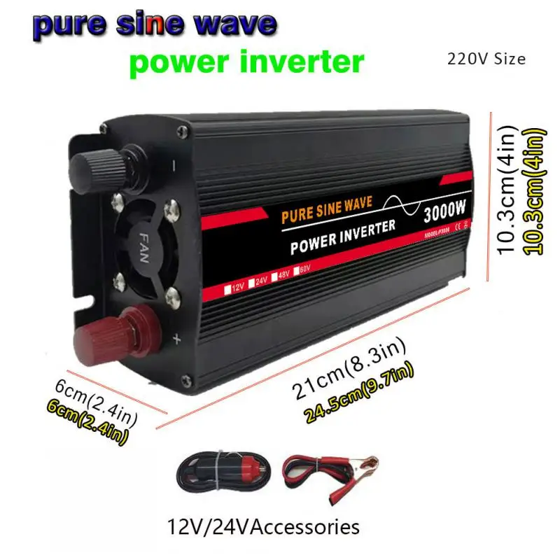 3000W Pure Sine Wave Power Car Inverter DC 12v 24v To AC 220V Solar Panel LED Display Transformer Home Outdoor Camping Inverter