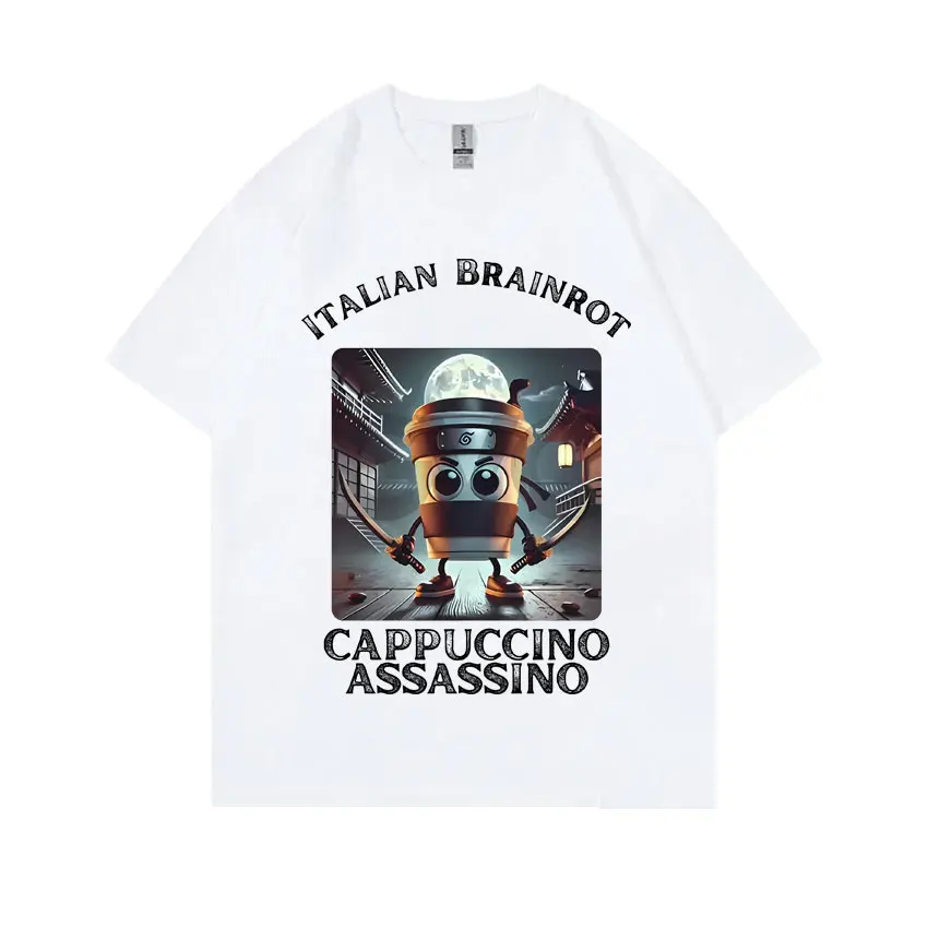 Фото Итальянская футболка Brainrot Cappuccino Assasino, забавная футболка с мемом для мужчин и женщин, повседневная футболка с шуткой и юмором, винтажные футболки унисекс большого размера №1