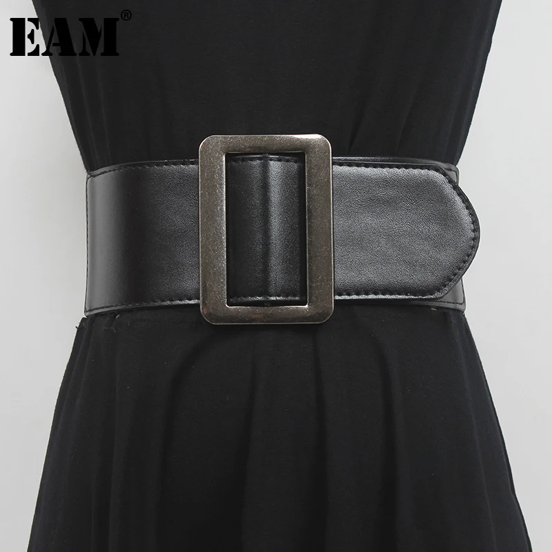 

[EAM] Pu Leather Black Brief Long Bukcle Elastic Wide Belt Personality Women New Fashion All-match Spring Autumn 2022 1DE5961