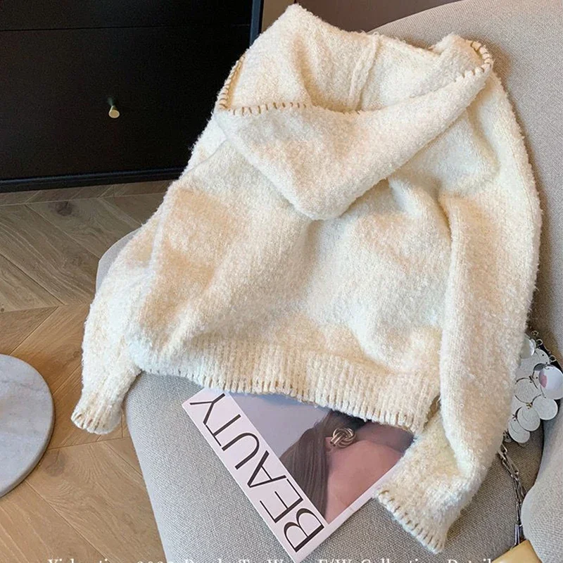 Женский осенне-зимний вязаный кардиган с капюшоном и принтом милой собаки