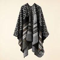 2022 autumn winter new geometric stripe pattern imitation cashmere warm casual women shawl poncho capes lady coat black