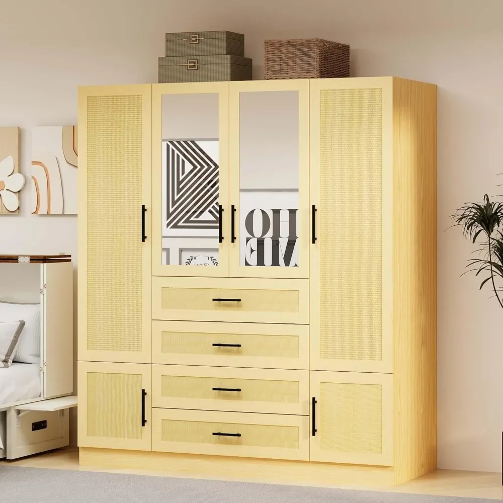 Шкафы и шкафы для спальни из ротанга высотой 71 дюйм 4-дверный шкаф с зеркалом