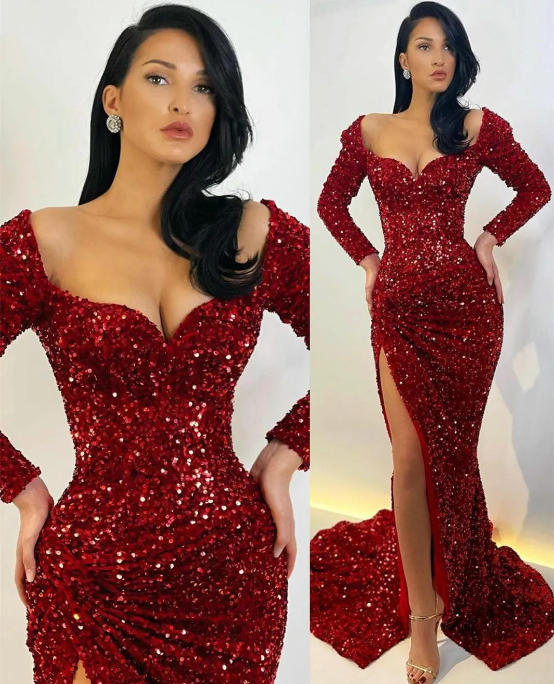 

Sexy Stretchy Sequin V-Neck Side Slit Evening Dresses Long Mermaid Black Custom Made فساتين السهرة Party Prom Gown for Women