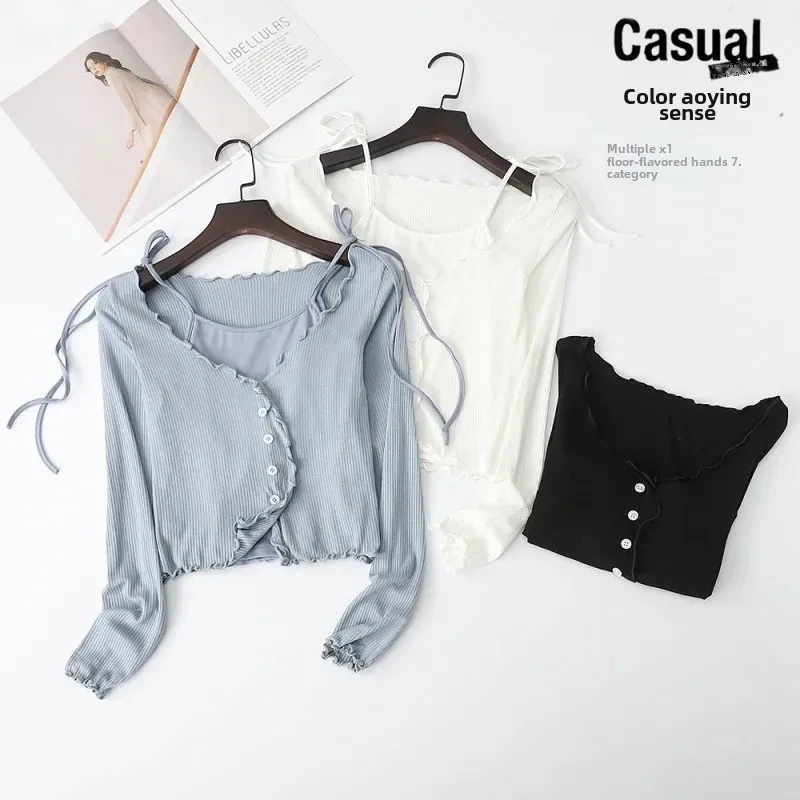 Летняя новая стильная Корейская версия тонкая вязаная куртка с деревянными