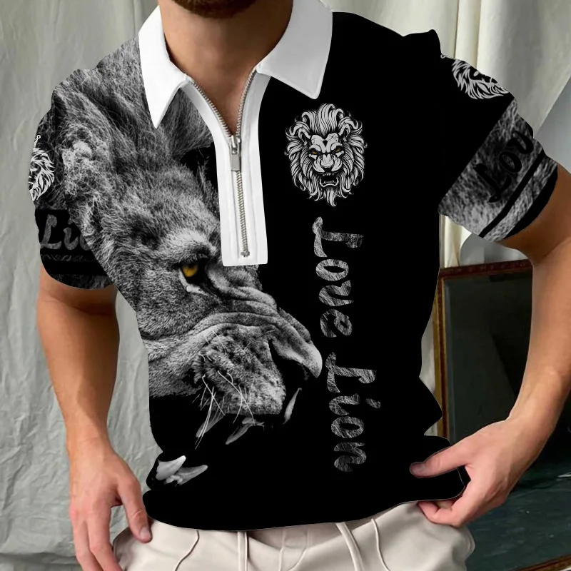 Fashion zipper polo shirt 3D digital printing loose short-sleeved European size quick-drying collar T-shirt lone wolf men's top