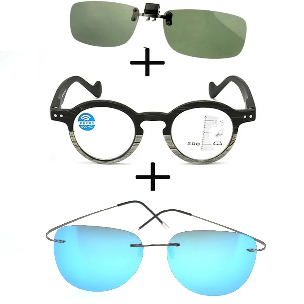 

3 шт.! Прогрессивные многофокальные очки для дальнего и ближнего света для мужчин и женщин + поляризованные солнцезащитные очки-авиаторы из сплава + зажим для солнцезащитных очков