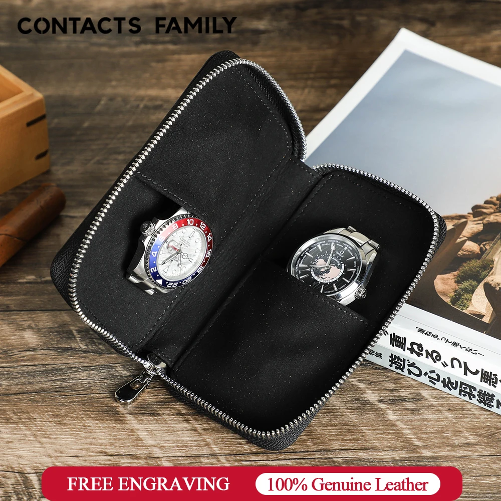 

CONTACT'S FAMILY Genuine Leather 2 Slot Zipper Watch Case Box For Men Women Luxury Portable Travel Watch Pouch Black Bag