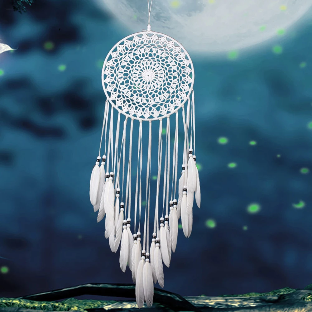 

Handmade Dream Catchers Hanging White Lace Flower Dreamcatcher Wind Chimes Indiana Feather Pendant Creative Car Decoration