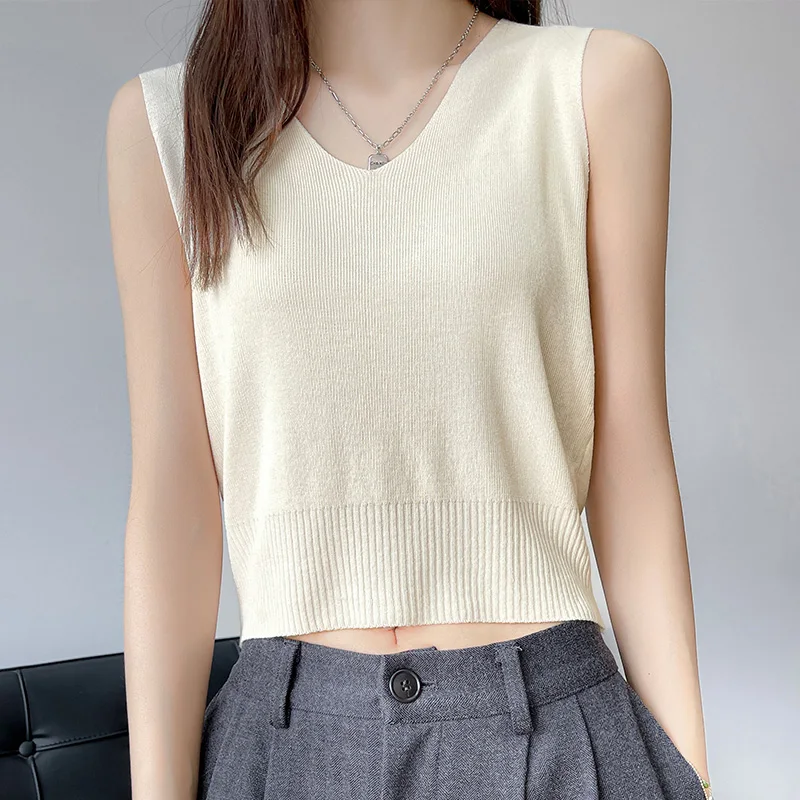 

Summer New Ice Silk Strap Knitted Underlay Tank Top Sleeveless T-shirt