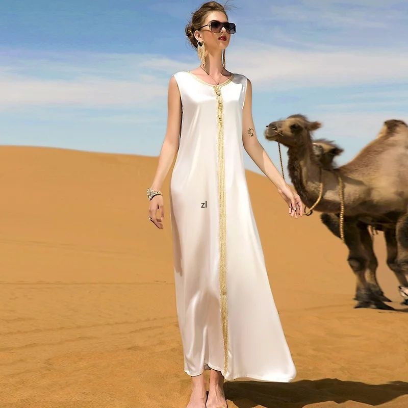 Women Rose Embroidery 3 Pieces Set Vest Dress Long Cardigan Abaya Tape Trim Belted Kaftan Muslim Dubai Arabic Robes