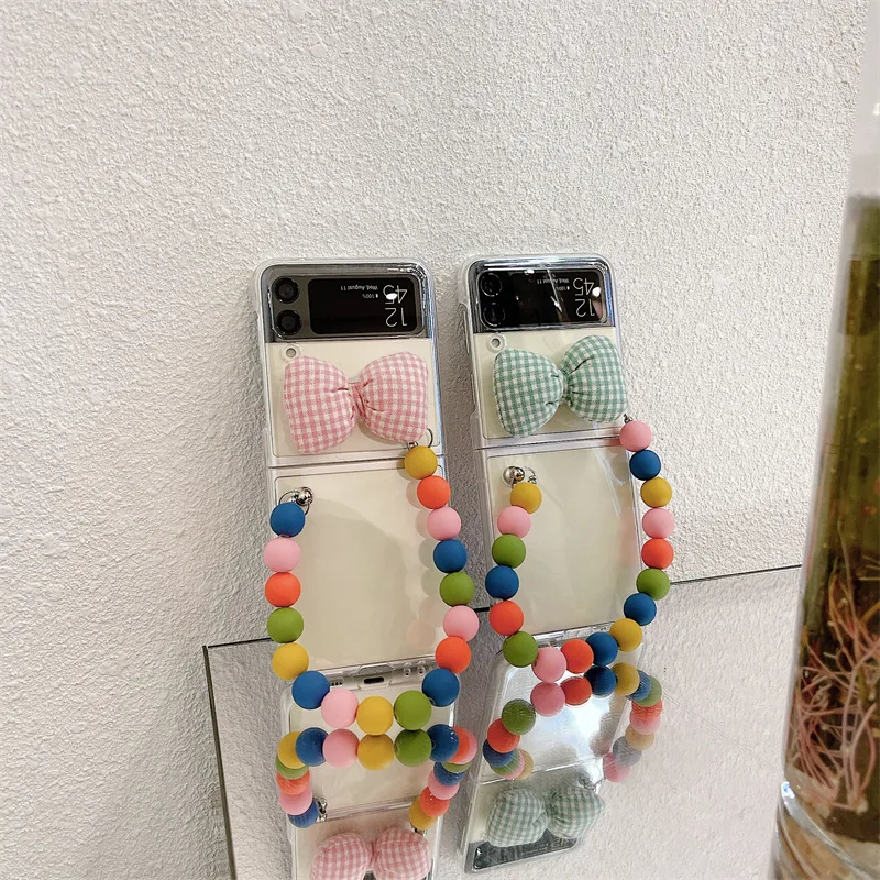 

Bowknot Coloful Beads Transparent Phone Case for Samsung Galaxy Z Flip 3 5G Hard PC Back Cover for ZFlip3 Case Protective Shell