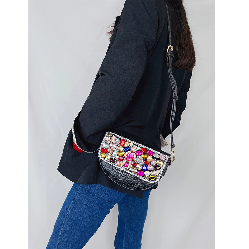 Colorful Rhinestone Purses and Handbags for Women Designer Half Moon Purses Party Clutch Chic Shouder Bag Cross Body Pu Leather