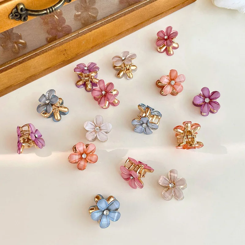 5pcs Double Side Crystal Flower Hair Claw Rhinestones Alloy Hair Clamp for Girls Sweet Summer Side Clip Hair Styling Accessories