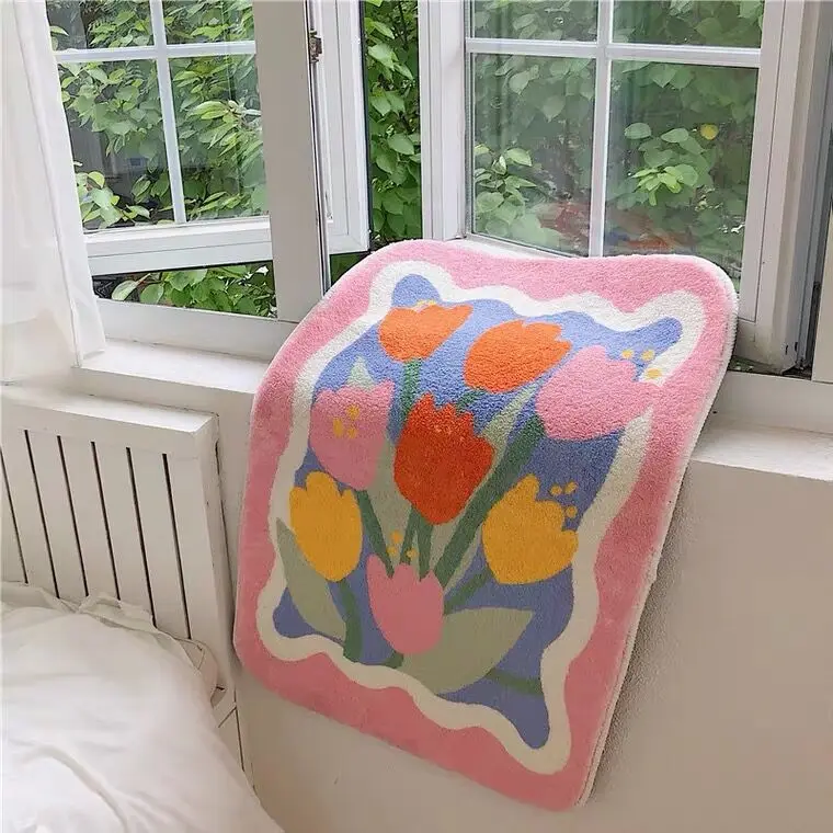 

Cashmere French Style Pink Tulip Home Bedroom Floor Mat Living Room Coffee Table Carpet Bathroom Door Mat