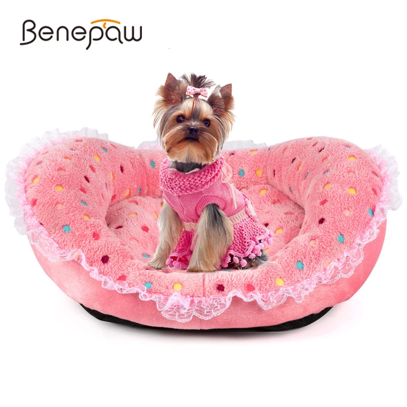 Benepaw Cute Princess Style Cat Dog Bed Lace Pink Girl Polka Dots Pet Bed Soft Warm Fleece Kitten Puppy Nest Anti-slip Sofa