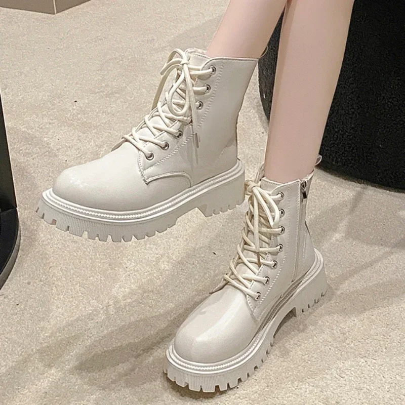 

Женские ботинки на шнуровке, с круглым носком и молнией, однотонные теплые непромокаемые ботинки из хлопка, на платформе, зимняя обувь, 2023