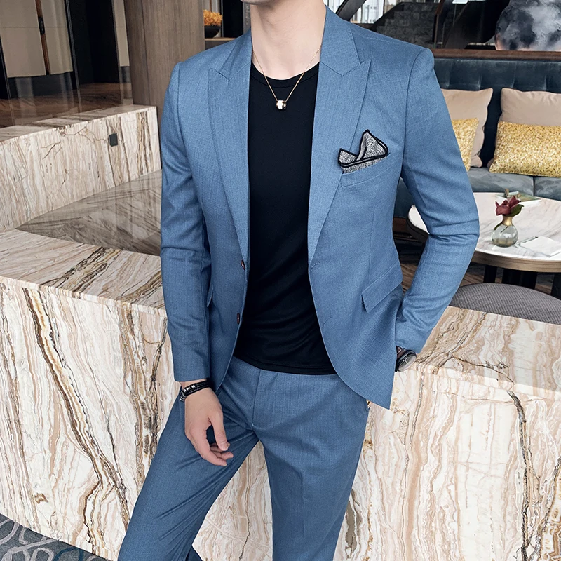

(Jacket+Pants) Classic Men Suit Set High-end Customized Solid Color Slim Business Dress Groom Wedding Clothing plaid Tuxed 2pcs