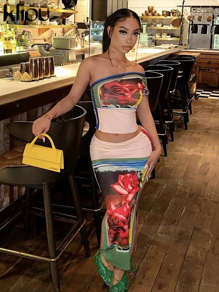 

Summer Women Mid-Calf Strt Milk Silk Two Piece Set K23D28986 Girl Crop Tops+Hip Skirt Matched Outfit Club Dancing Attire