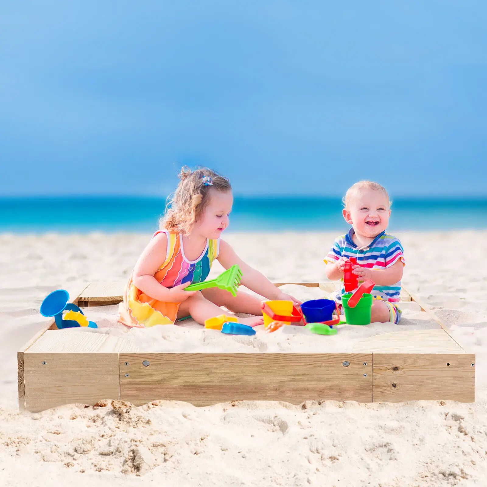 

Kids Wooden Sandbox with Cover Children Sand Play Station Backyards Beaches