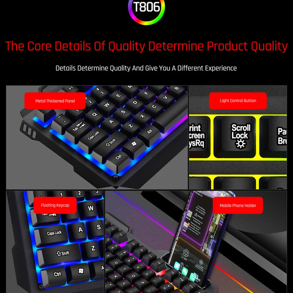 Проводная игровая клавиатура и мышь RGB с подсветкой резиновые клавиши для ПК -