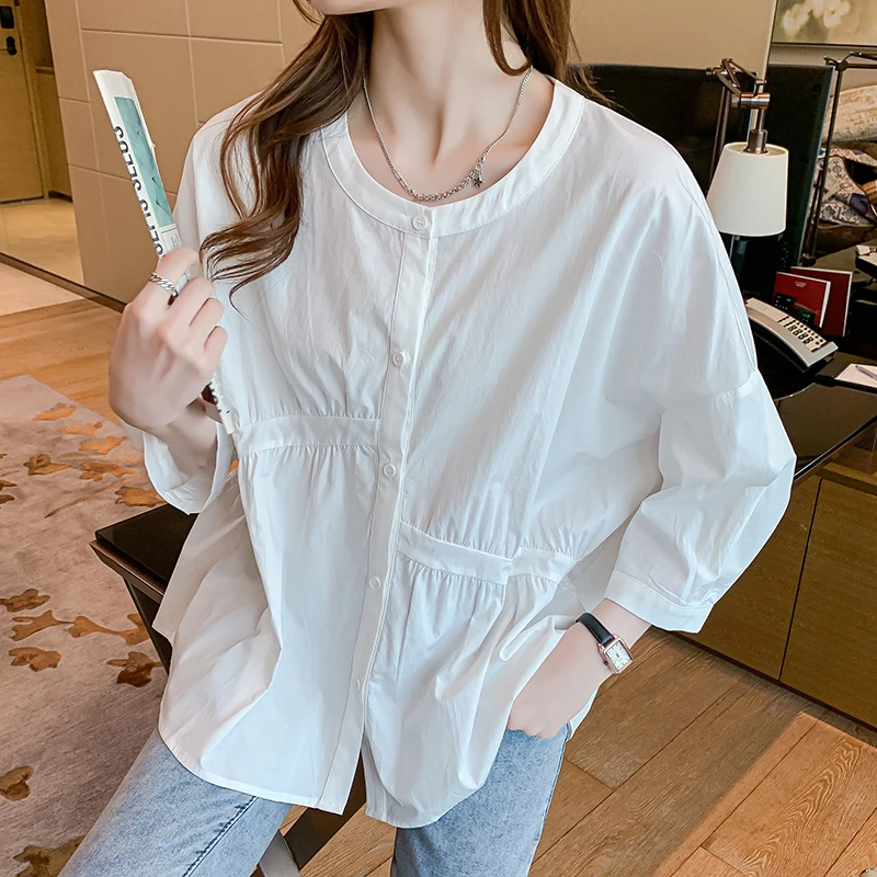 

Summer New Blue Asymmetrical Blouse O Neck Ladies Casual Tops Folds Loose Shirt Women Single Breasted Mujer Blusas Camisas 682A