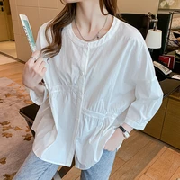 summer new blue asymmetrical blouse o neck ladies casual tops folds loose shirt women single breasted mujer blusas camisas 682a
