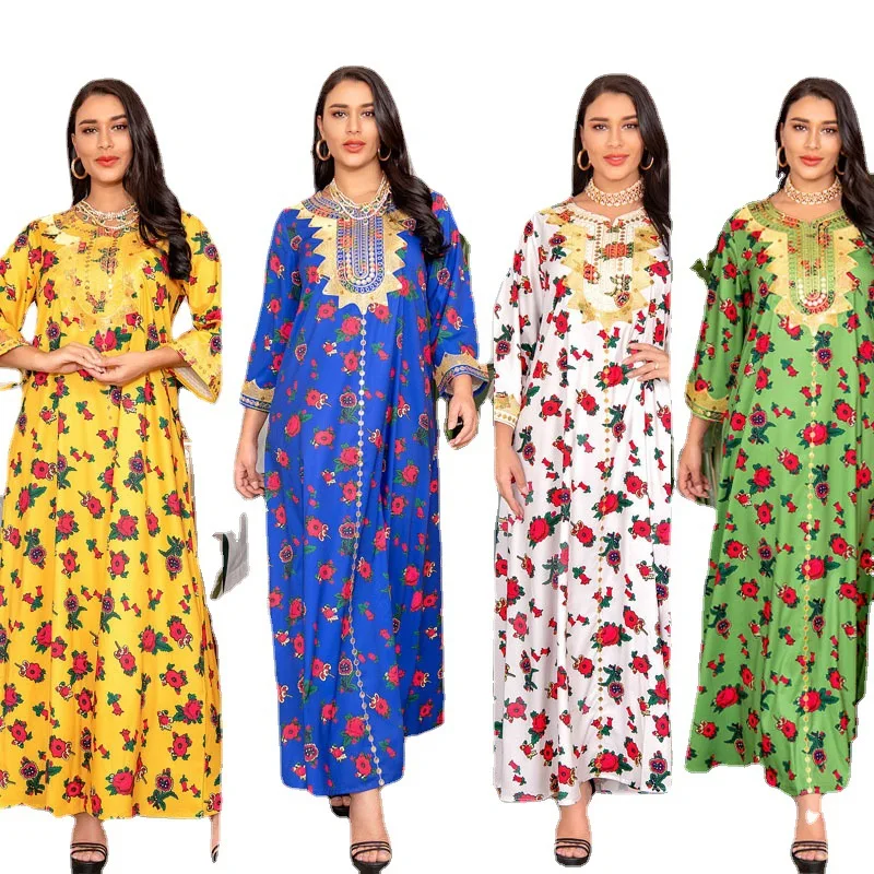 

Женская одежда, платья, абайя, мусульман, Саудовская Аравия, Турция, Пакистан, круглый вырез, принт, длинный рукав, пояс, весна и осень