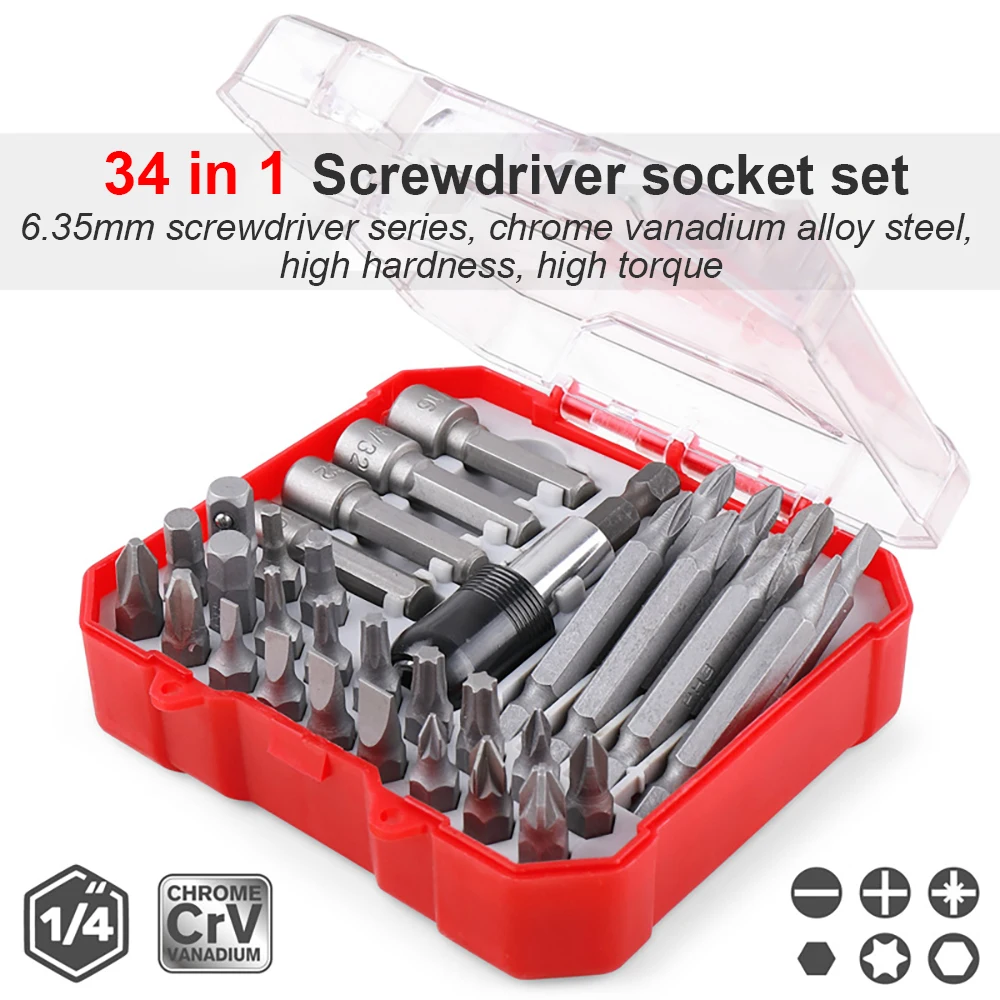 

34Pcs 6.35mm Screwdriver Bits Set Magnetic Nutdrivers Extension Holder Chromium Vanadium Steel For Automotive Electronics