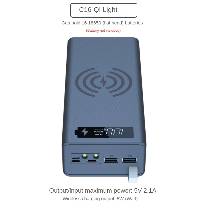 

USB 16X18650 Battery Bank Case Battery Charge Storage Boxes With LED Lighting Detachable For Smartphone Charging
