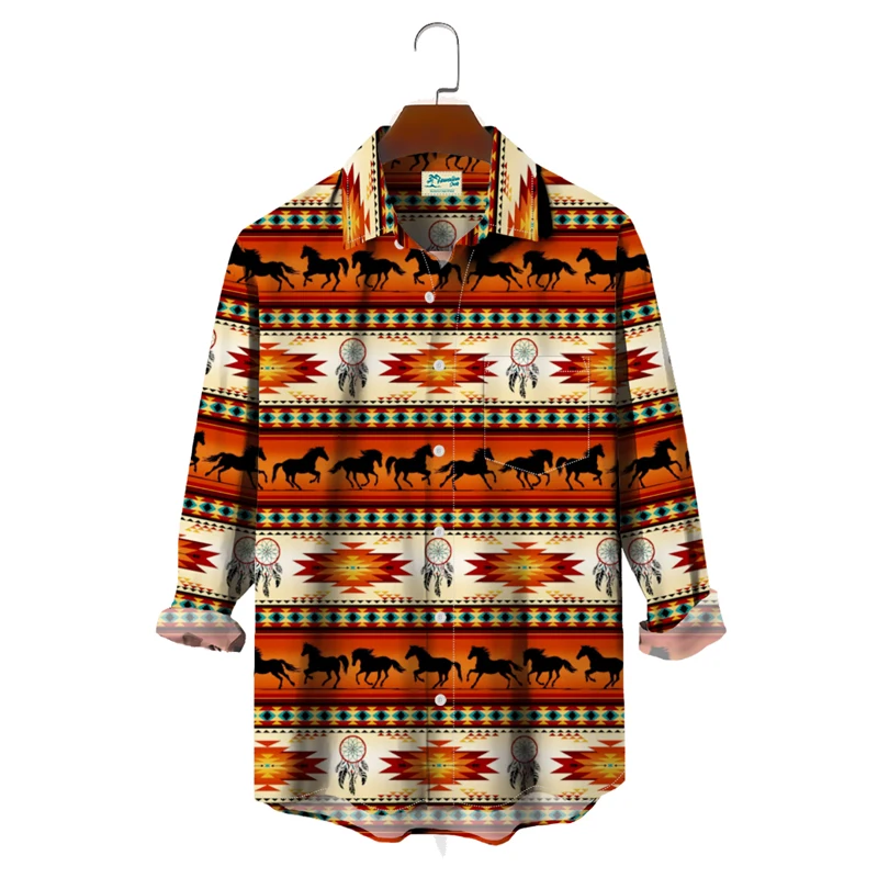 Mens Casual Long Sleeve Shirts Western Cowboy Tribal Art Large Size Breathable Tops