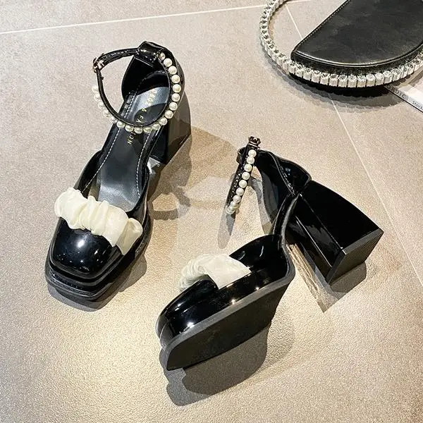 

Female Sandal 2022 Women's High Heels Buckle Strap Mary Jane Clear Shoes Girls New High-heeled Retro Pearl Comfort Summer Block