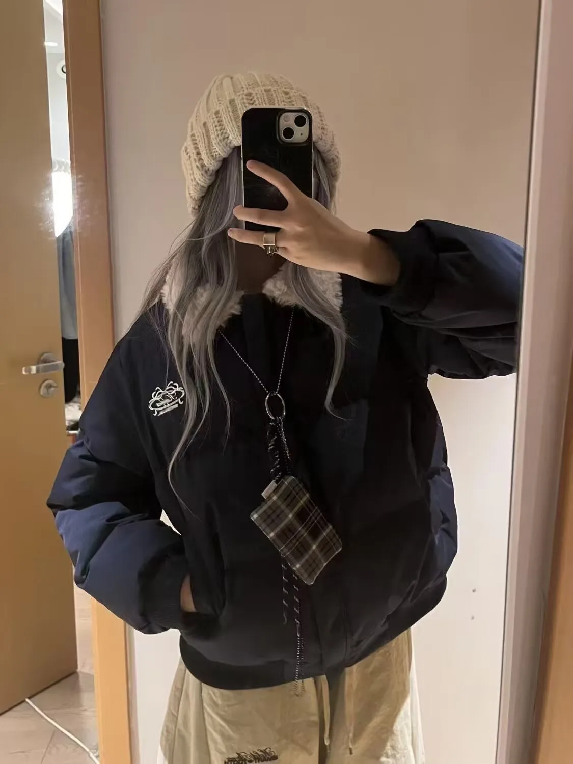 Американский винтажный короткий пуховик с меховым воротником в стиле пэчворк