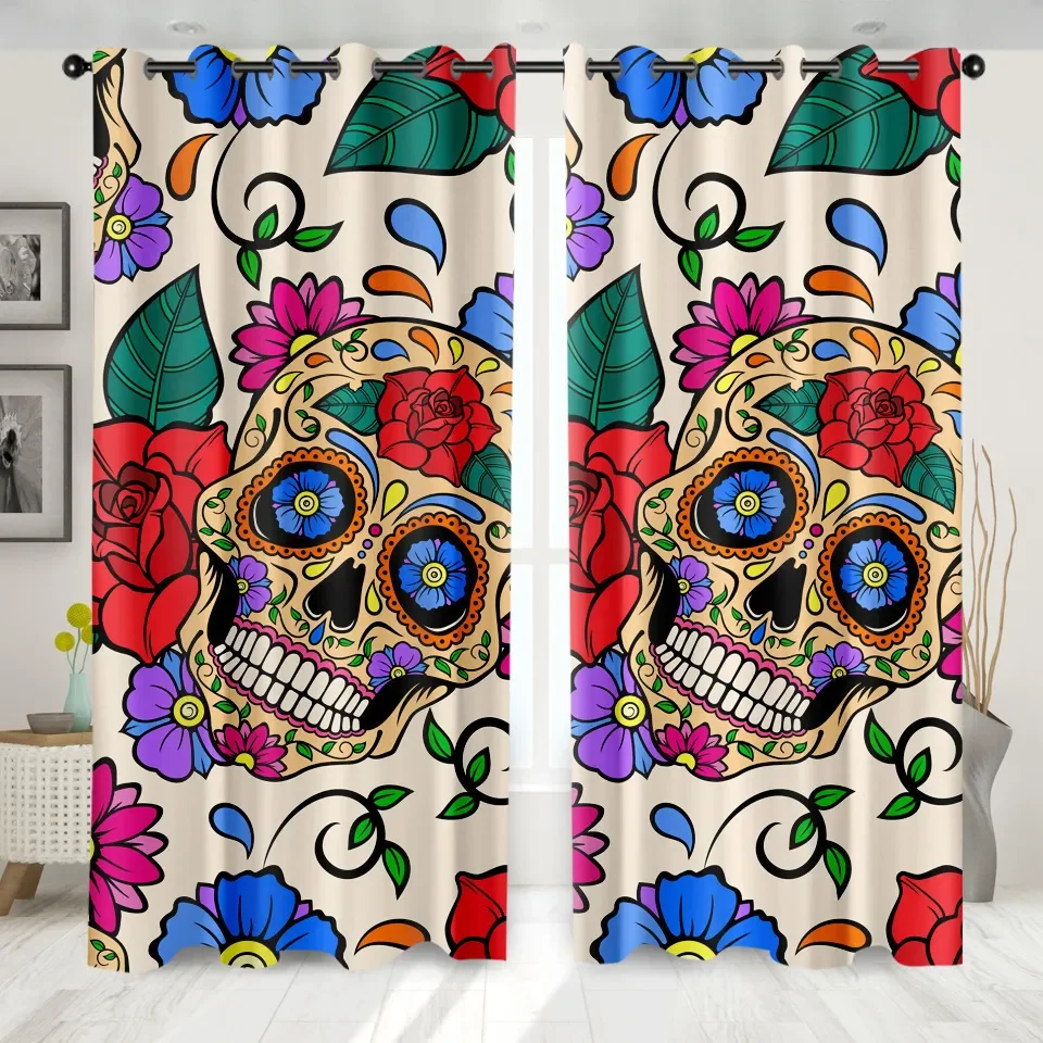 

NEW Skull Curtains for Bedroom Sugar Skull Window Curtains Colorful Flowers Living Room Decor Gothic Bones Window Drapes for Kid
