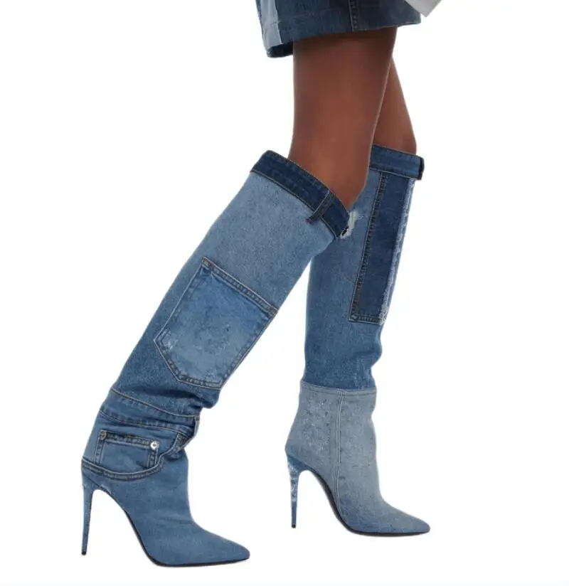 

2023 New Brand Fashion Denim Knee Length Long Boots Thin High Heel Pointed Toe Autumn Splice Women's Shoes Black Blue Big Size