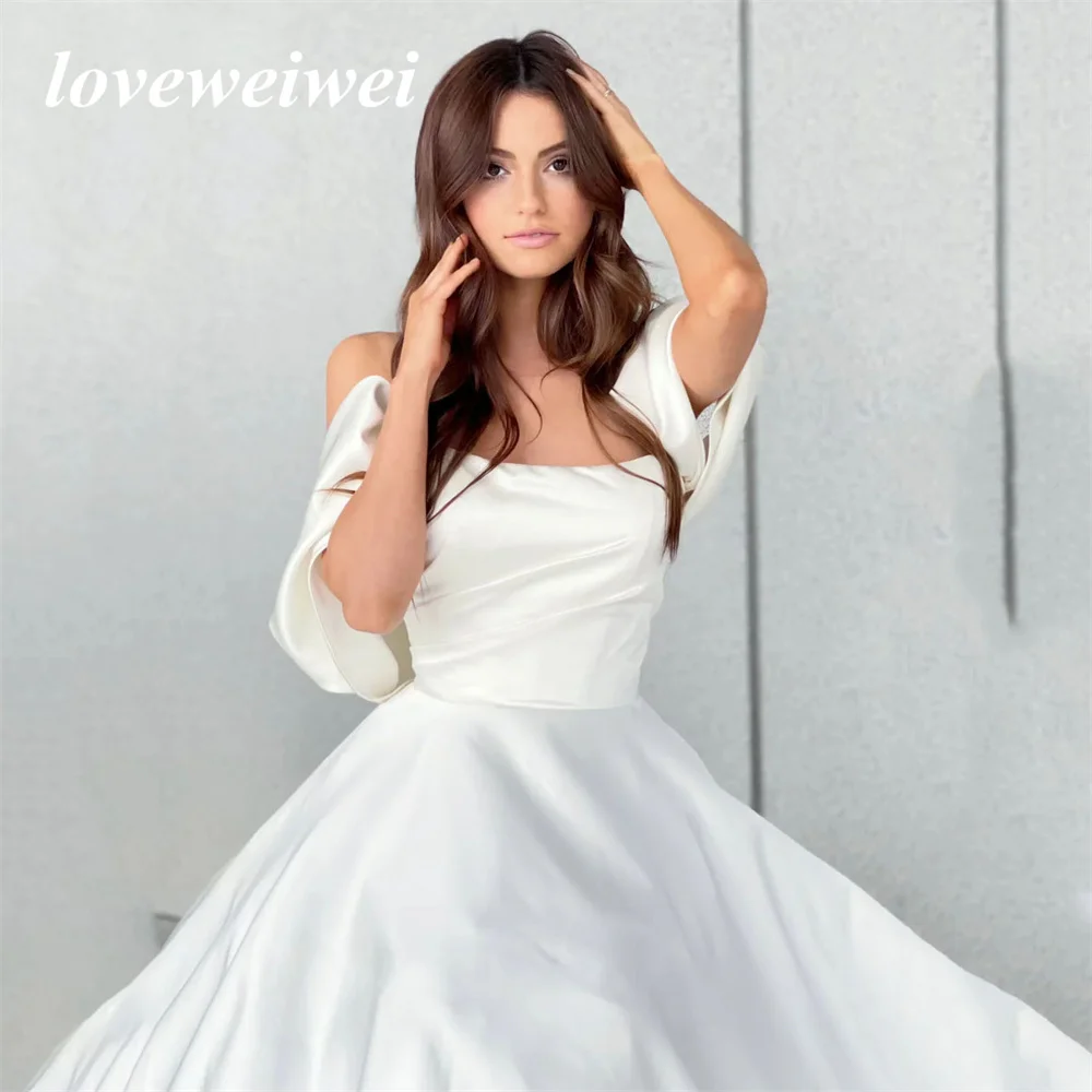 Simple A Line White Wedding Dresses with Charming Off the Shoulder Boat Neck Satin Bride Gowns for Women 2023 robe de mariée