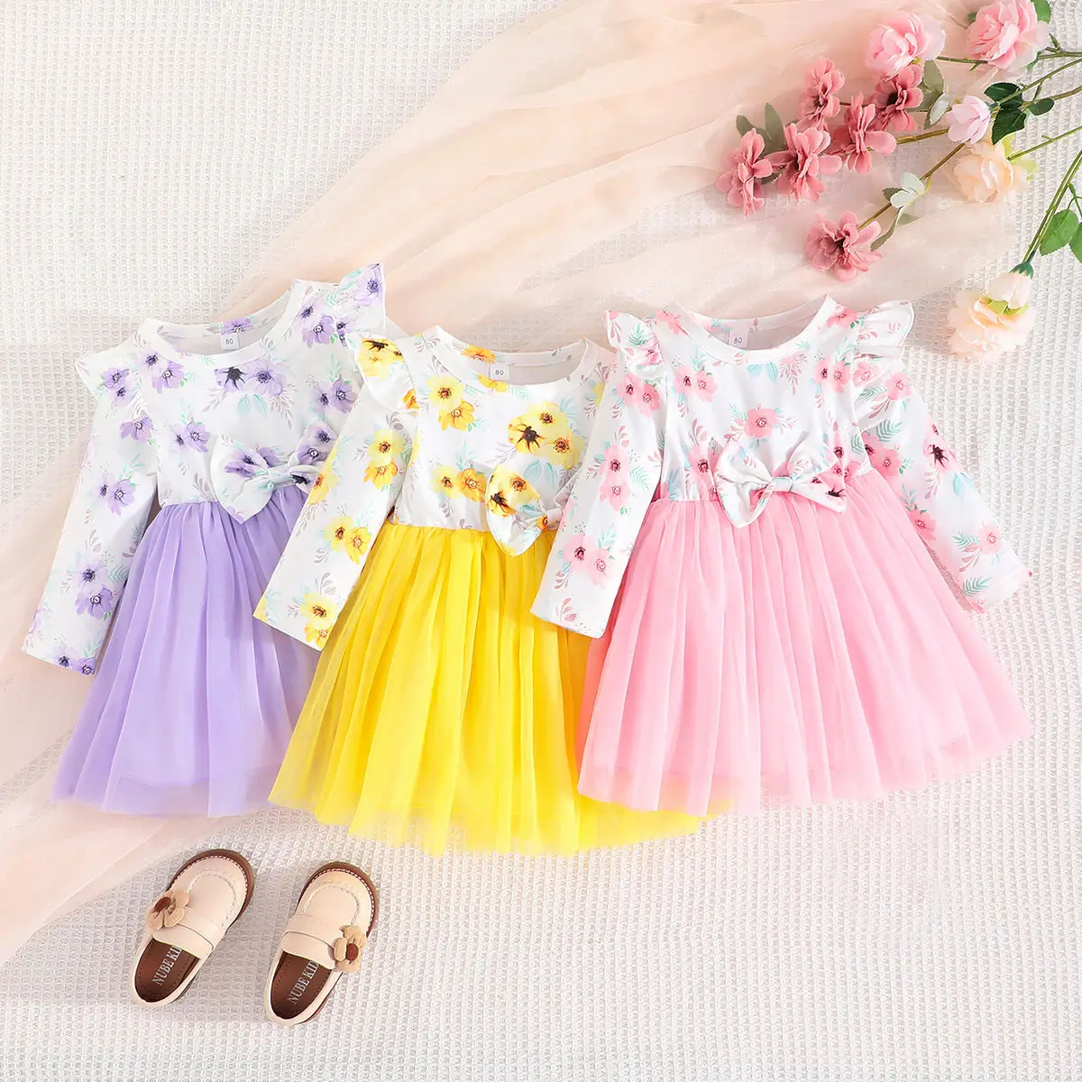 

Laura Kors 2023 Winter New Girls Dress Long Sleeve O Neck Print Floral Yellow Baby Girls Dress Vestido 18M-7T