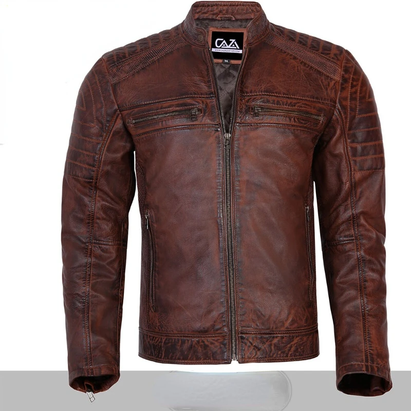 Men's Leather Jacket Retro Cafe Racer Brown Slim Real Bicycle Jacket European and American Fashion Trend