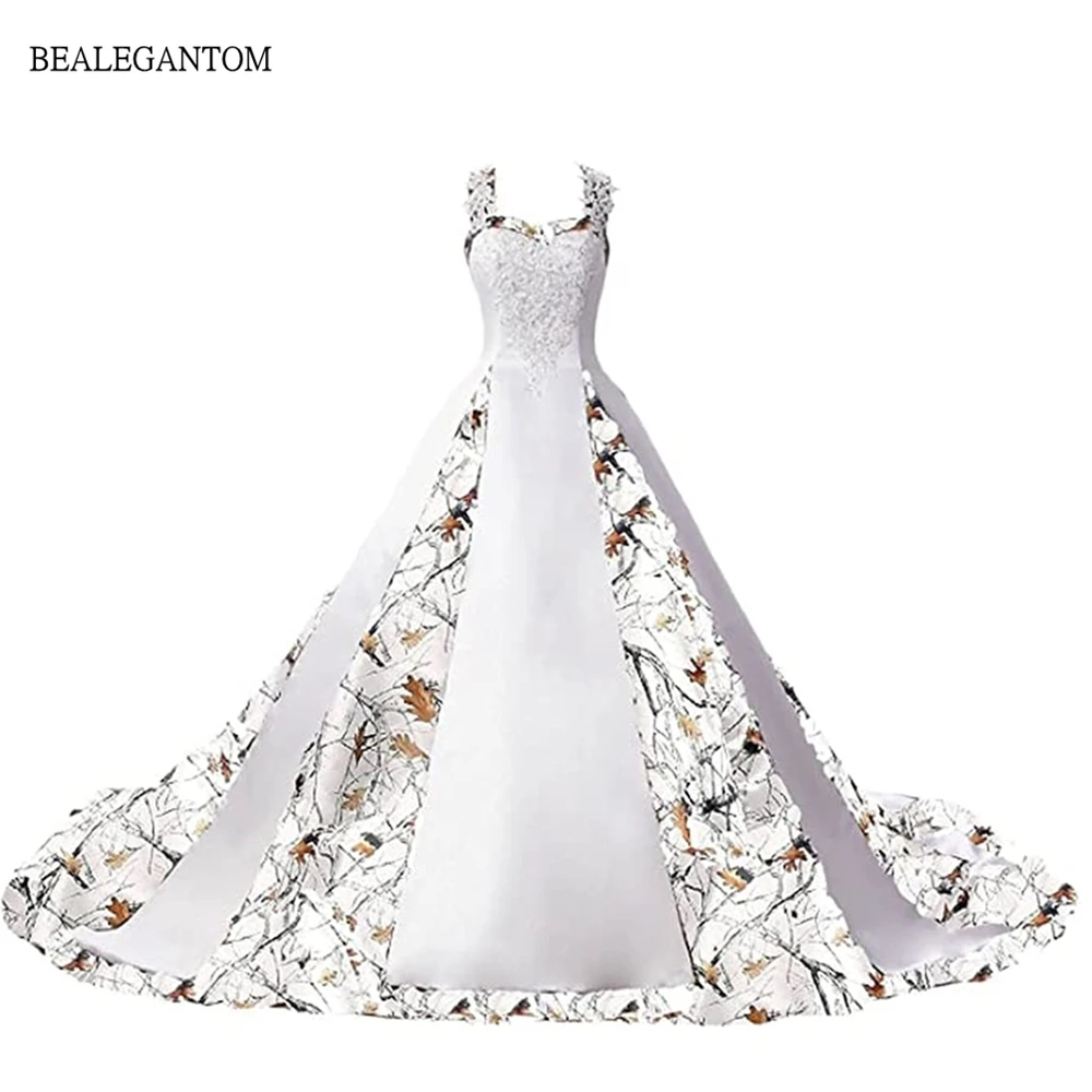 Купи Camouflage Wedding Dresses 2022 Camo White Applique Satin A Line Lace Up Long Straps Camo Bridal Gowns Vestido De Noiva за 5,947 рублей в магазине AliExpress