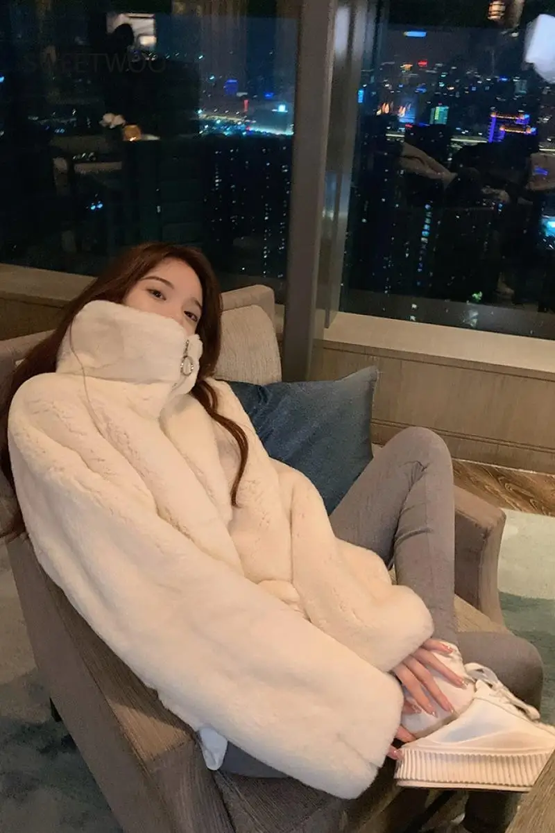 Cotton Jacket 2021 New Young Style Stand-Up Collar Imitation Rex Rabbit Fur Fashion Western Style Imitation Fur Coat Women Slim