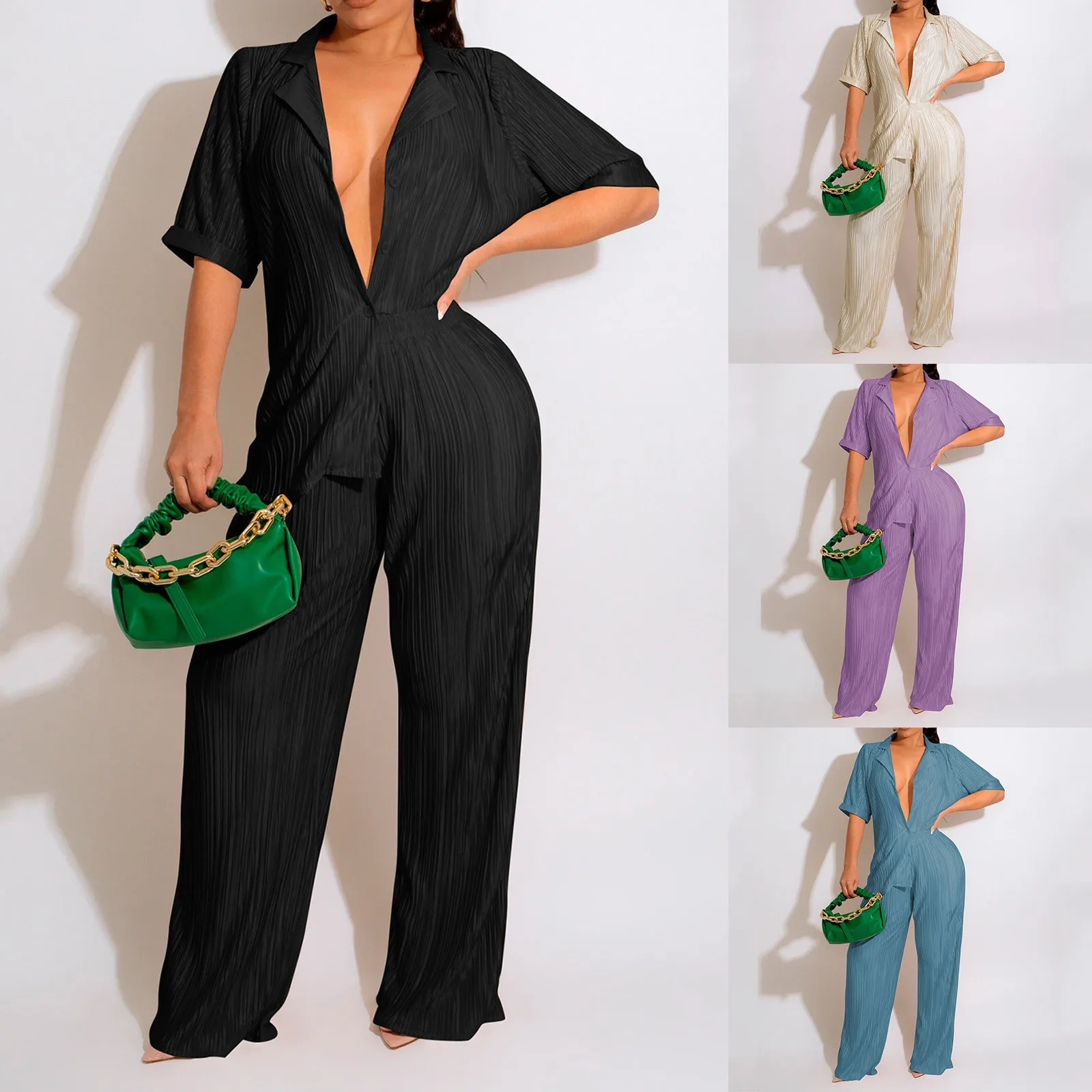 Women's 2 Piece Casual Pleated Outfits Short Sleeve Button Curvy Fit Pants Formal Jumpsuits for Women Elegant Juniors Suits Set