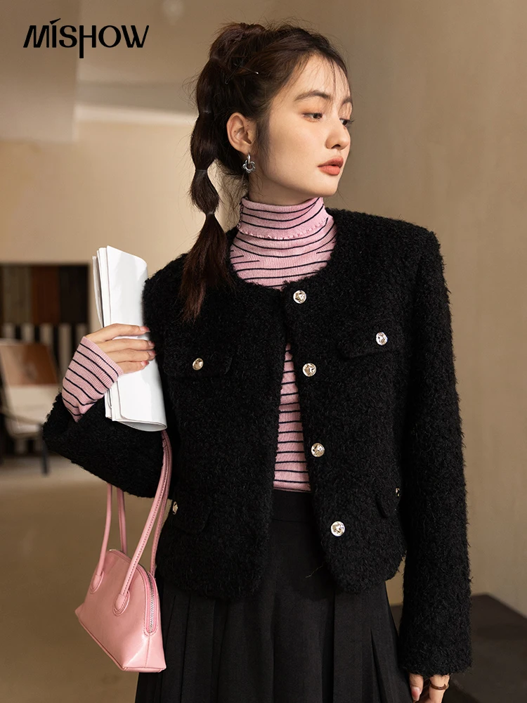 MISHOW Autumn Winter 2022 Lambswool Jackets for Women Solid Warm O-Neck Single Breasted Button Female Fashion Coats MXB38W0612