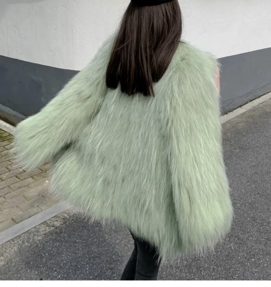 Autumn Winter New Imitation Fox Artificial Fur Solid Color Woven Women Mid-length Thick Dense Coat Round Neck Coat Free Shipping